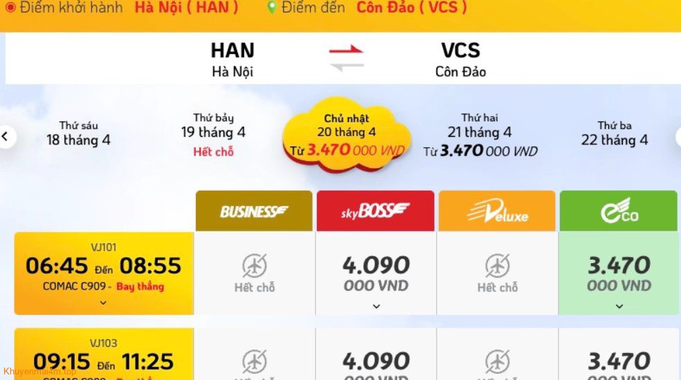 Vé khứ hồi bay thẳng Hà Nội – Côn Đảo gần 9 triệu đồng
